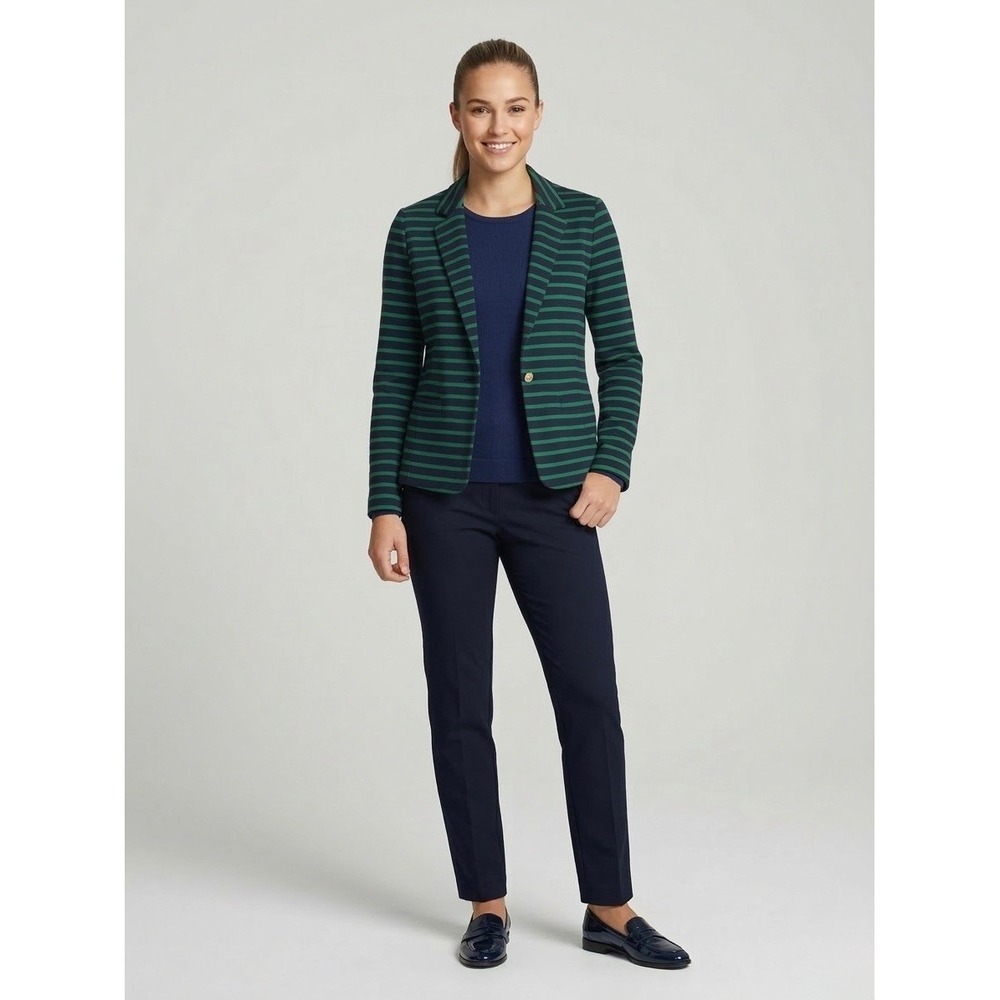 Michael Kors Women Green Navy Striped Single Button Blazer Jacket Size 12